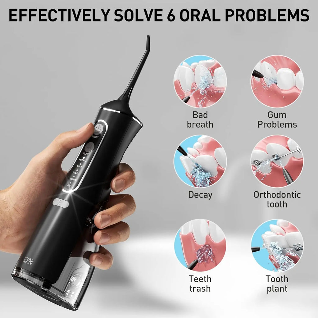 Oral irrigator, portable dental water flosser, USB rechargeable water jet flosser, toothpick with 4 modes and 5 nozzles
