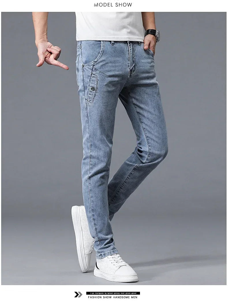 2024 New Men's Skinny Jeans Blue Gray Cotton Elasticity Straight Pencil Foot Slim Fit Fashionable Casual Denim Long Pants Male