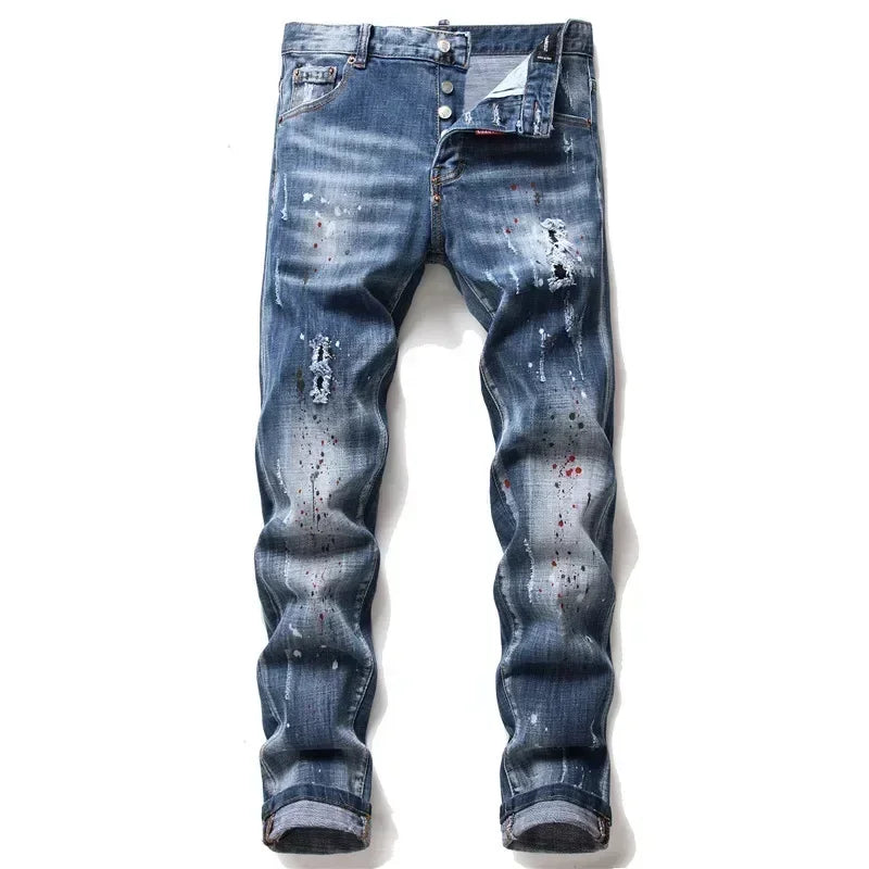 Men Ripped Skinny Denim Jeans Blue Holes Jeans Italian Style Stretch Denim Pants High Quality Male Slim Fit Denim Trousers  38
