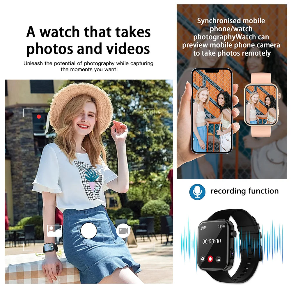2025 New Smart Watch Men Women Camera Take Photos Record Video Health Monitor Sports Fitness Waterproof BT Call Smartwatch