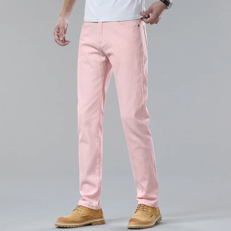 New Autumn Men's Yellow Pink Red Slim Jeans Classic Straight Elasticity Denim Pants Male Brand Stretch Skinny Colorful Trousers