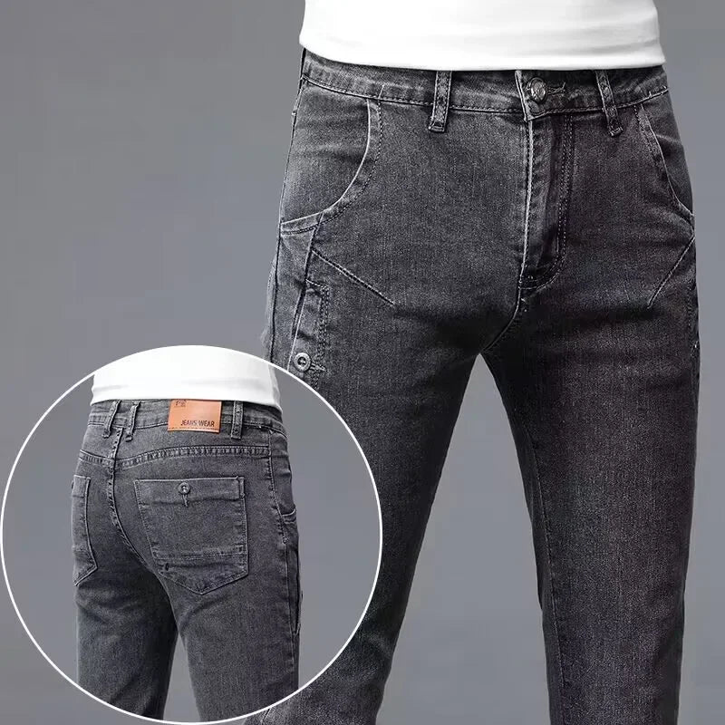 2024 New Men's Skinny Jeans Blue Gray Cotton Elasticity Straight Pencil Foot Slim Fit Fashionable Casual Denim Long Pants Male