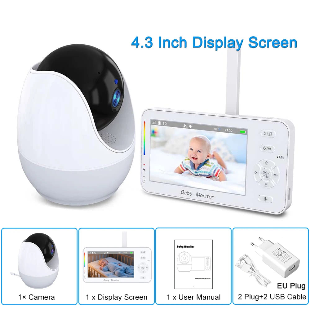 Video Baby Monitor 4.3 Inch Screen Indoor Mini Camera Night Light PTZ Auto Tracking WIFI APP View Control Pet Baby Surveillance