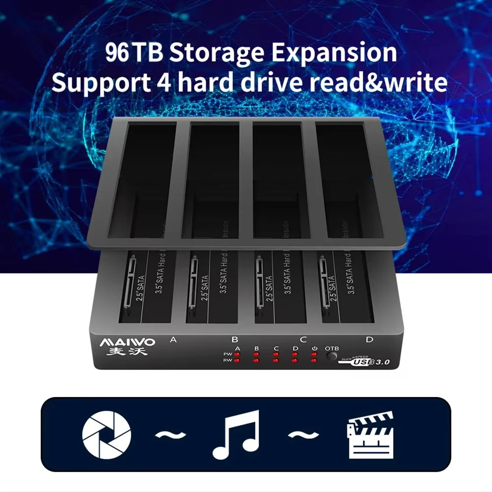 MAIWO 4 Bay Hard Drive Docking Station for 2.5/3.5 Inch HDD SSD SATA To USB 3.0 HDD Docking Station with 12V3A Power Adapter