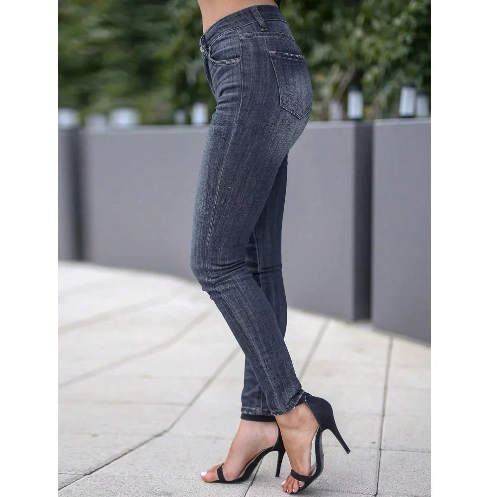 Women Newest Slim Stretch Jeans Solid Color Skinny Pencil Pants Ladies Full Length Denim Jeans