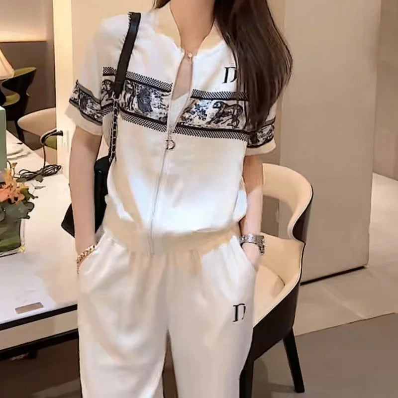 French Women Casual 2 Piece Sets Cool Ice Silk Comfortable Summer Zipper Short Sleeve Jacket Coat and Sweatpants Loose Sports