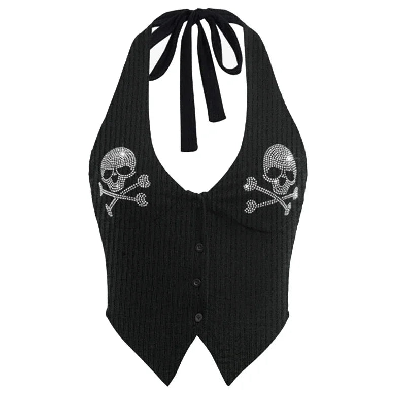 Women's Rhinestone Skull Pattern Sleeveless Halter Neck Crop Tops Y2k Summer Backless Tank Tops for Women