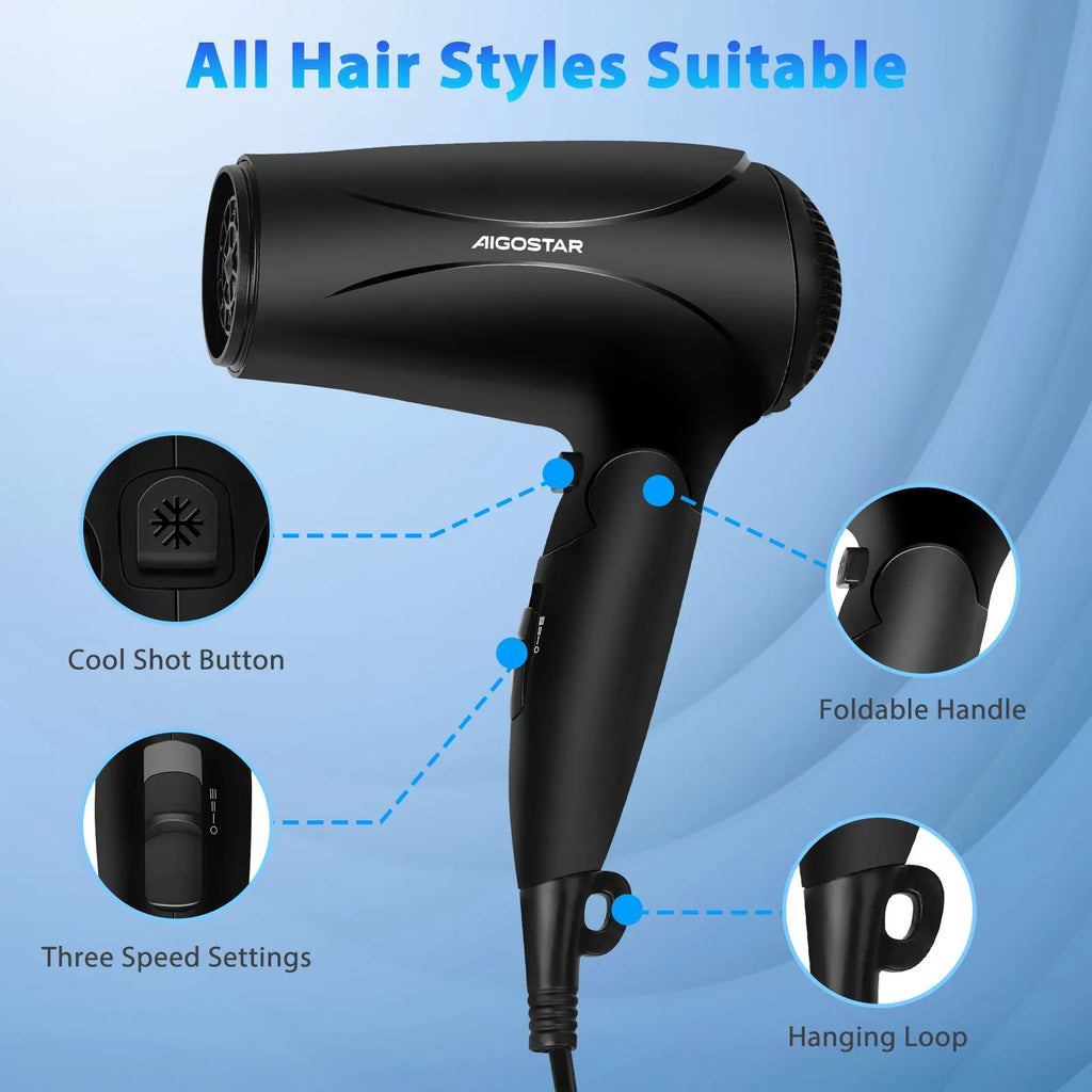 Small Compact Ionic Hair Dryer Travel Dryer Foldable 2 Speed 3 Temperature Adjustments Safety Protection Hanging Hook 2400W