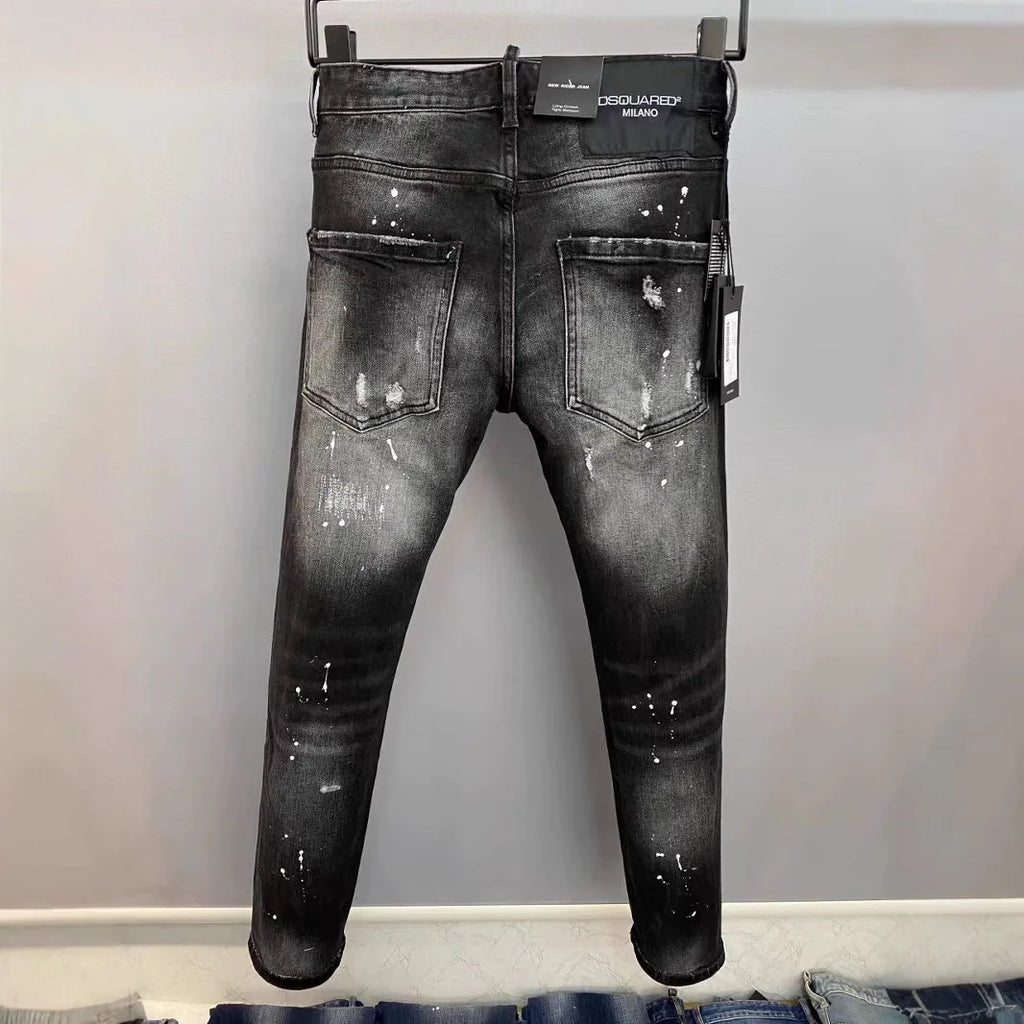 Light Luxury Washed Jeans Men's Trendy Brand Ruffian Handsome Black Ripped Patch Slim Fit Small Feet Casual Long Pants
