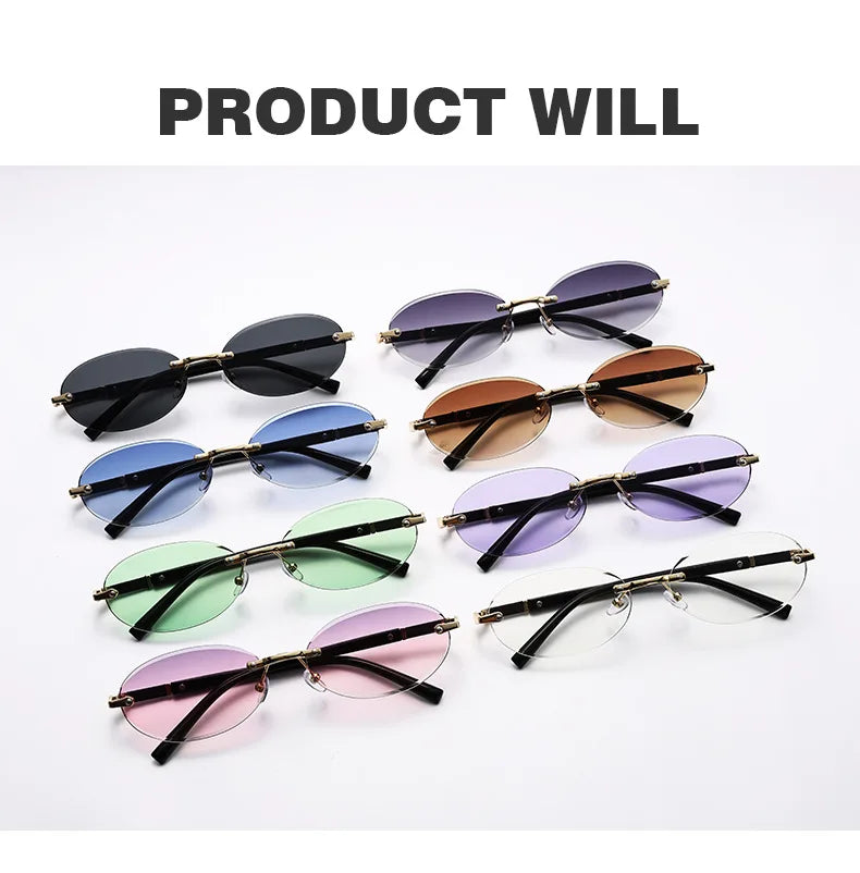 Personalized Oval Frame Sunglasses Women Men Retro Metal High-end Sun Glasses Luxuy Frameless Trimming Traveling UV400 Eyewear