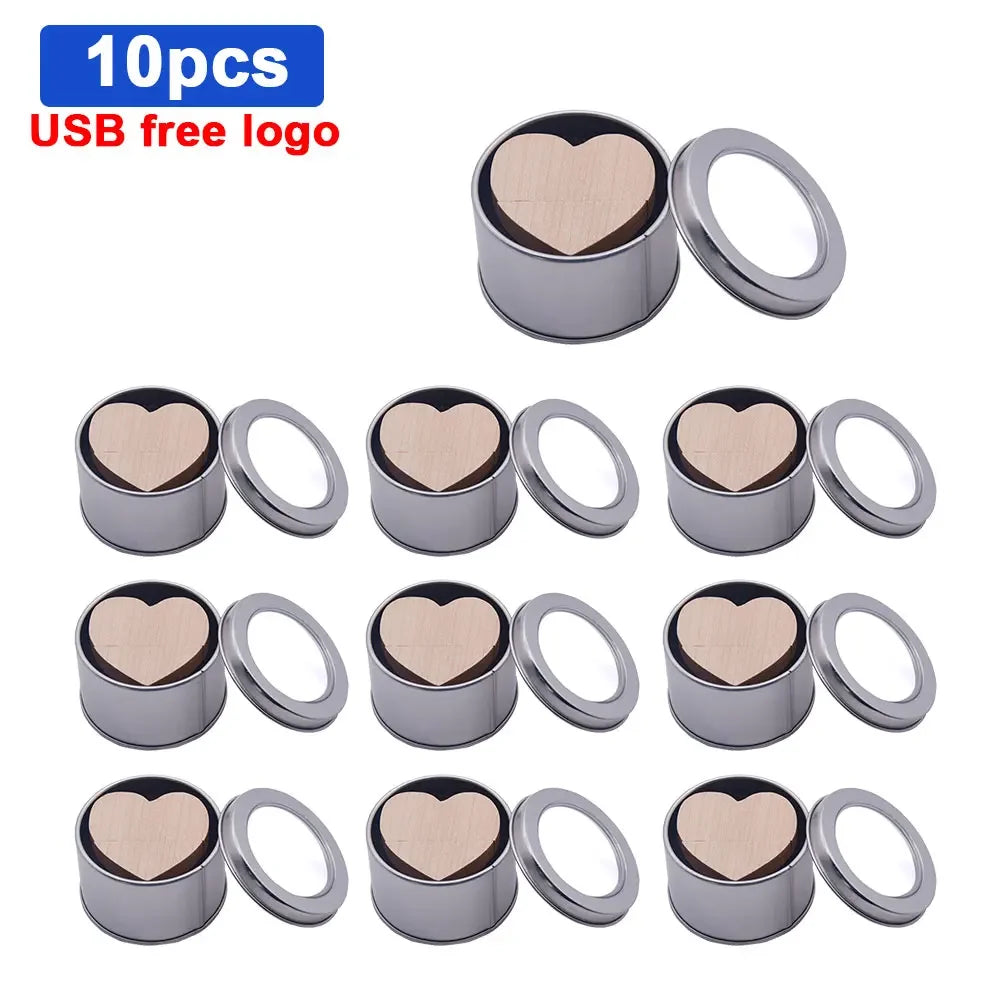 10pcs/lot Free Logo maple Wooden Heart USB + BOX USB Flash Drive Pendrive 64GB 32GB 16GB 8GB U Disk Photography Wedding Gifts