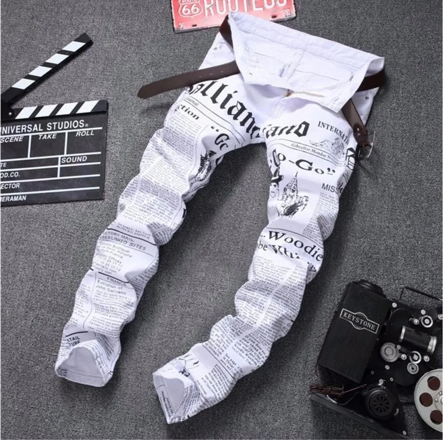 New Men Jeans Slim Fit Biker White Jeans Trousers Skinny Jeans Punk Letter Printing Denim Pants Plus Size 42 Dropshipping