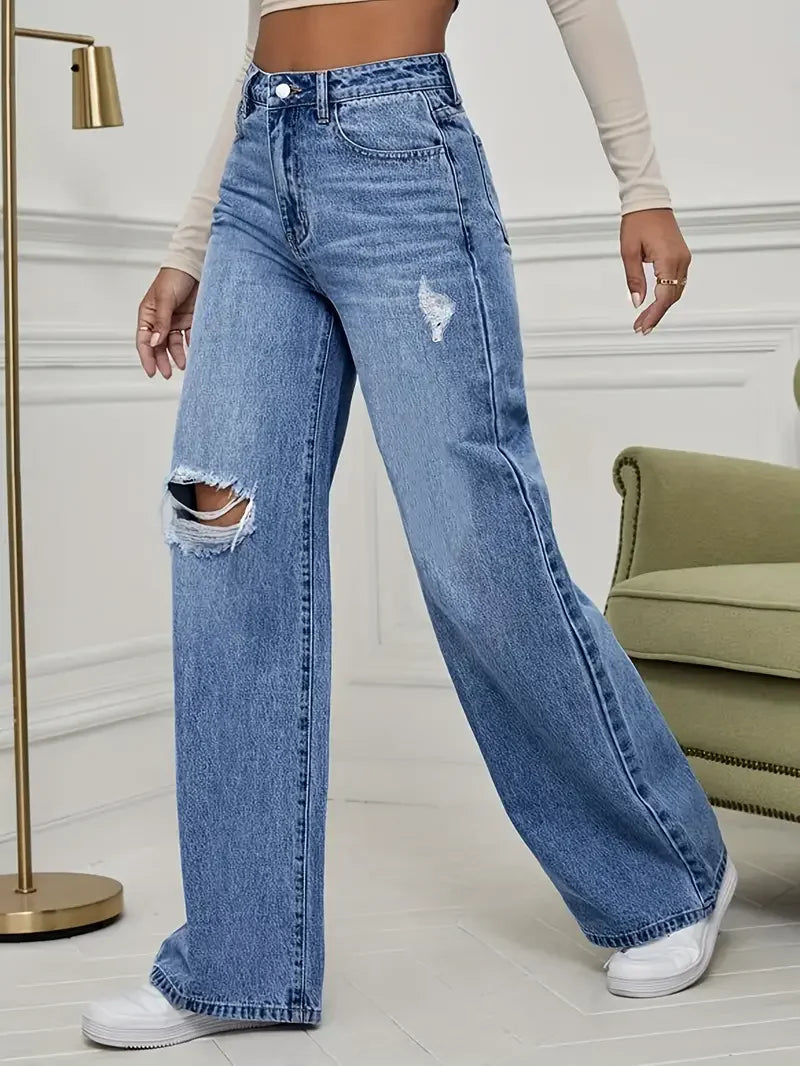 Denim Pants Women's Jeans Wide Leg Vintage Distressed Ripped Trousers 2026 Streetwear Washed Pockets Floor Length Hole Jeans