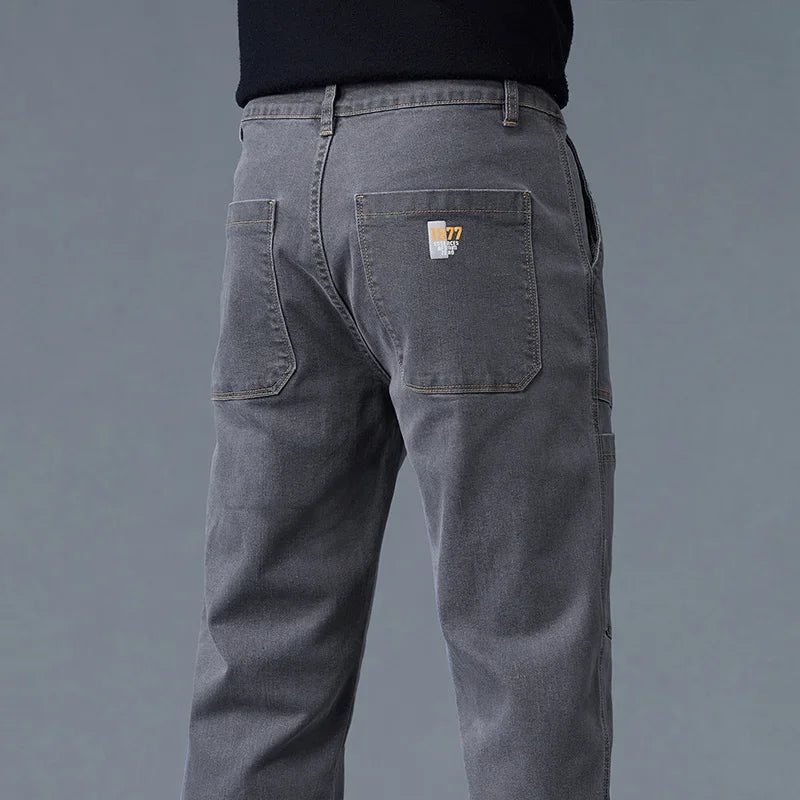 2025 New Style Jeans Men's Slim Fit Korean Style Comfortable Straight Leg Elastic Gray Mid Waist Pants Men's Casual Denim Pants