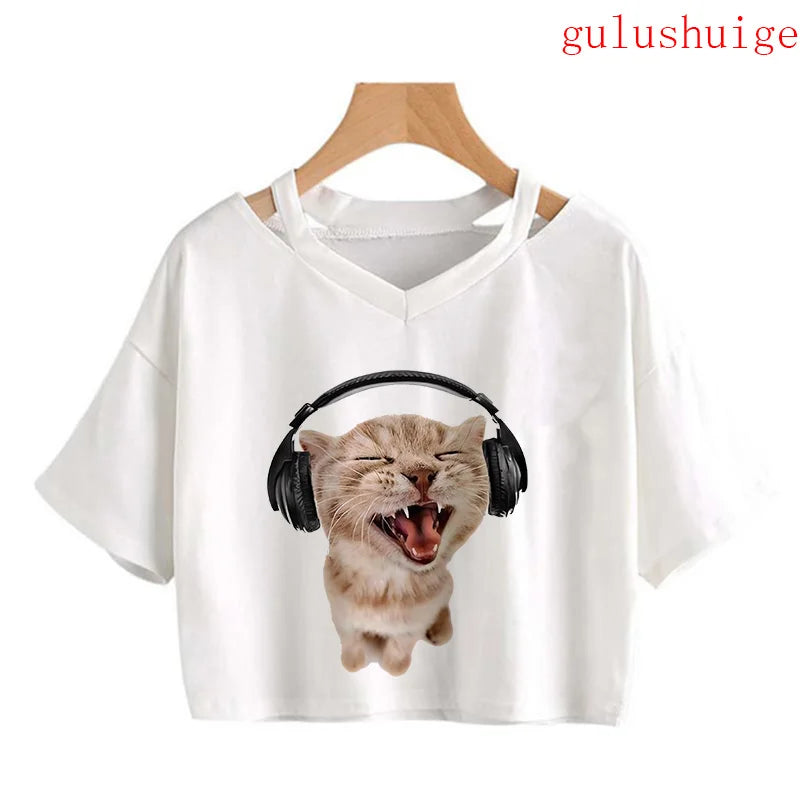 Y2k Crop Top Funny Cute Cat T Shirt Women Shirt Cropped Harajuku Graphic Ulzzang T-shirt 90s Tshirt Top Tee Female Gothic