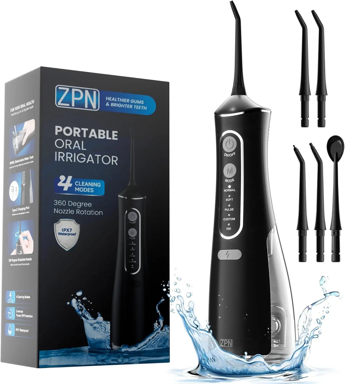 Oral irrigator, portable dental water flosser, USB rechargeable water jet flosser, toothpick with 4 modes and 5 nozzles