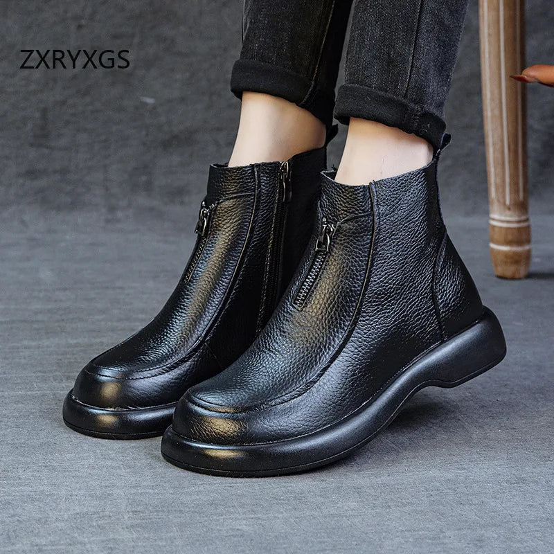 ZXRYXGS 2025 Autumn Winter Boots Women's Genuine Leather Boots Flat Heel Soft Sole Non-Slip Comfortable Short Boots Trendy Shoes
