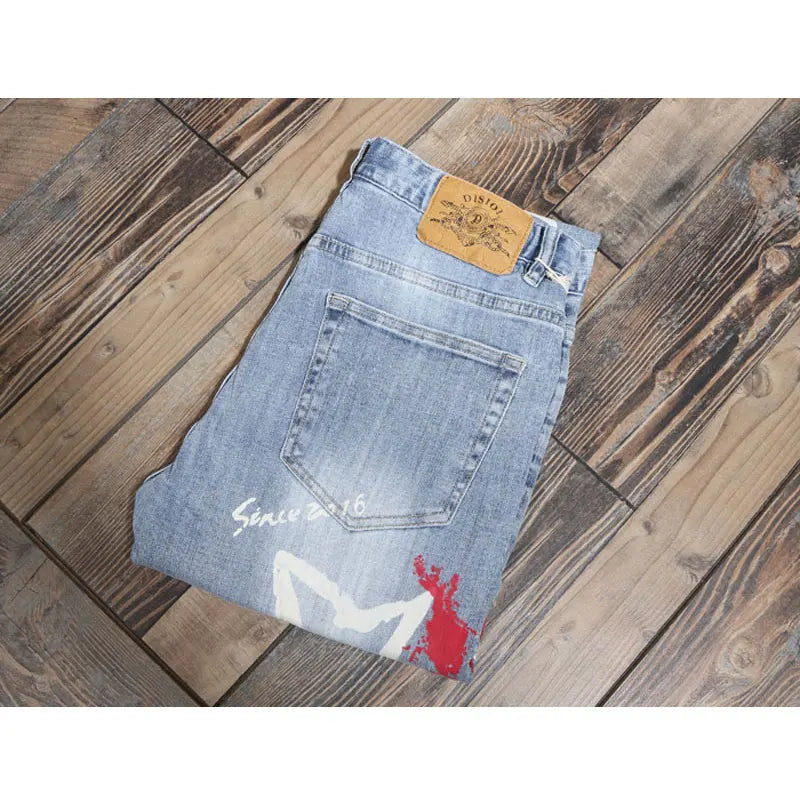 Designer Fashion New Men's Jeans Letter Printed Washed Nostalgic Stretch Slim Fit Retro Light Blue Jeans Hip Hop Brand High Qual