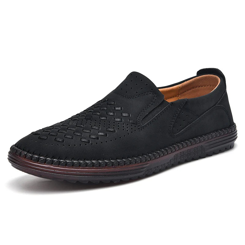 New 2024 Handmade Leather Men Shoes Design Fashion Sneakers Slip On Loafers Summer Mesh Breathable Casual Shoes Men Driving Flat