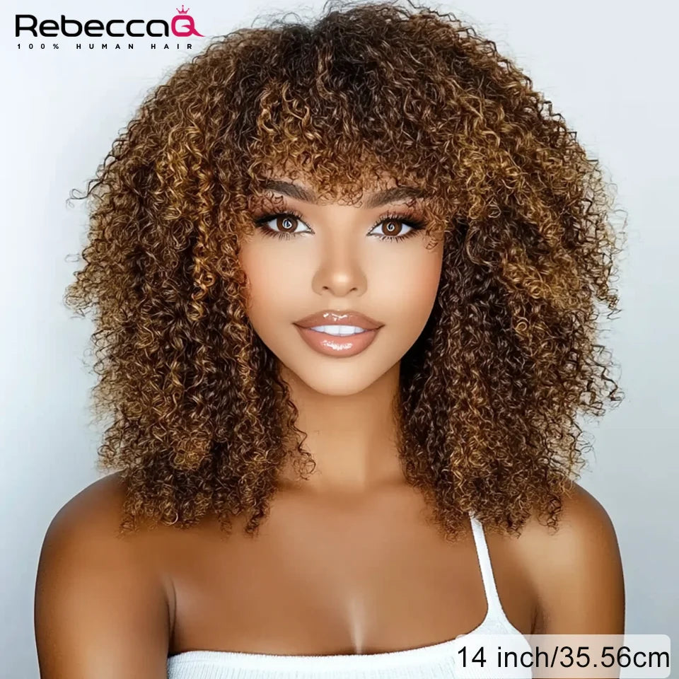 Short Curly Bob Human Hair Wigs with Bangs Afro Kinky Curly Easy Wig Glueless Wig Remy Peruvian Brown Color Curly Human Hair Wig