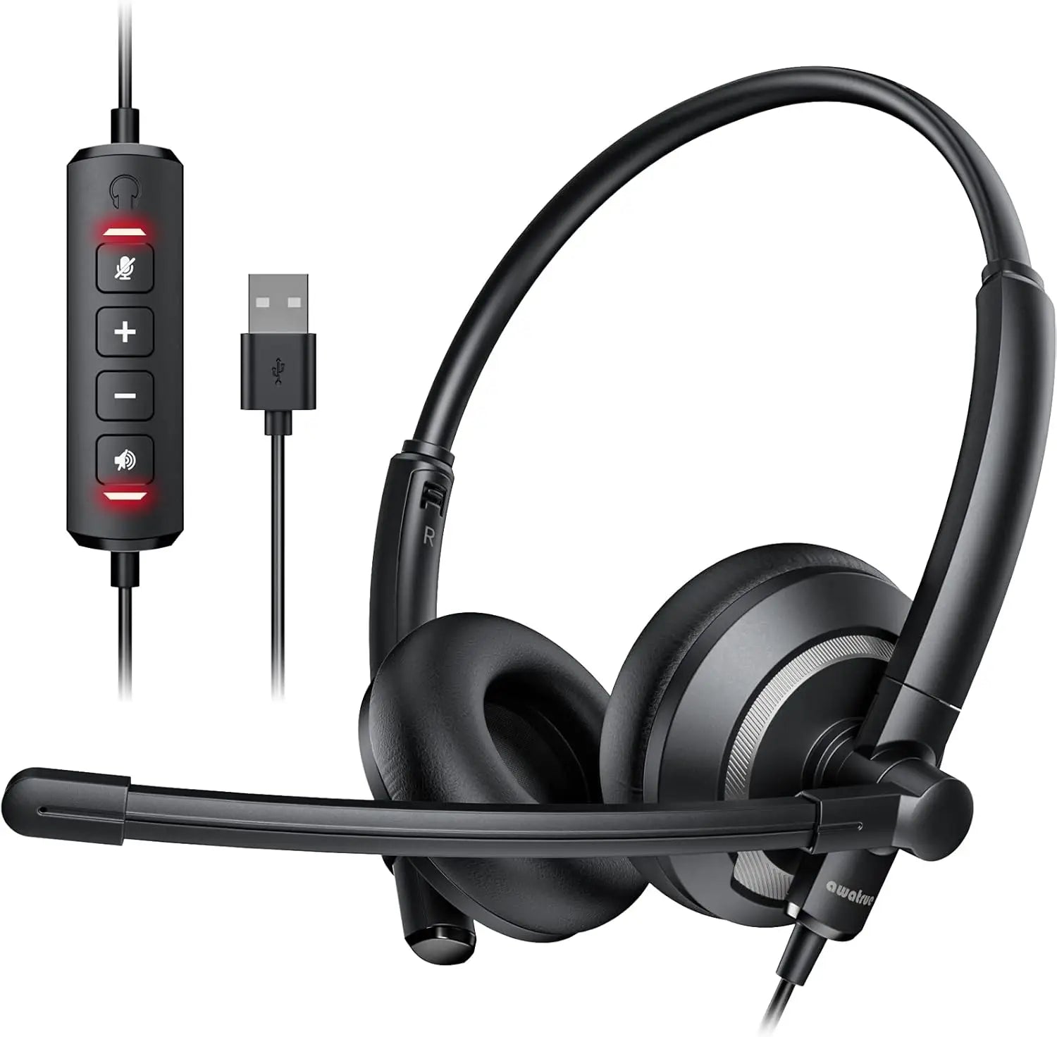 Awatrue EH05 Wired USB Headsets with Noise Cancelling Mic for PC Laptop Headphones with In-Line Control Mic Mute Lightweight