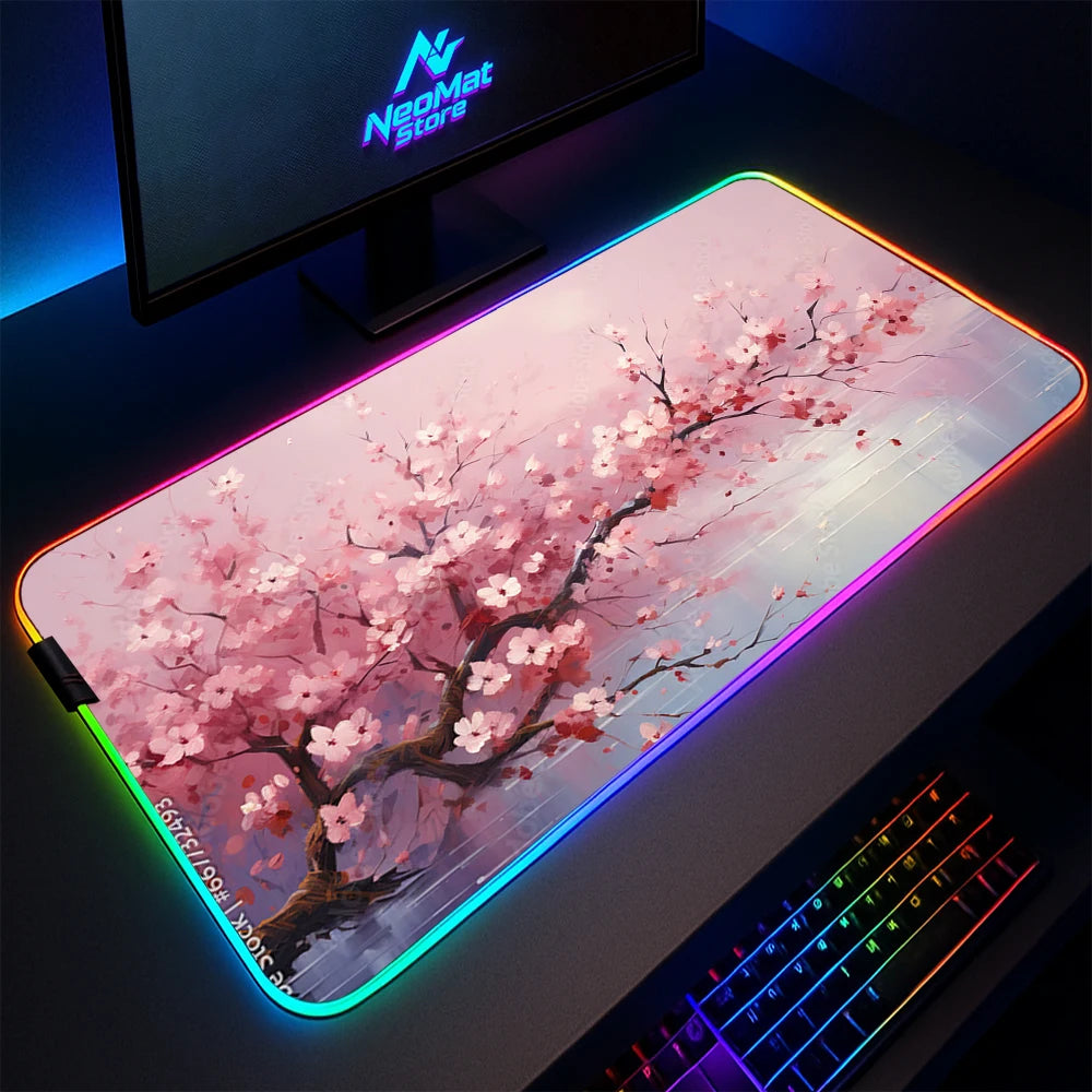 Rgb Cherry Blossom Mouse Pad Lighting Pink Mousepad Sakura Japanese Large Mouse Mat Gamer with Backlight Carpet Led Gaming Mats
