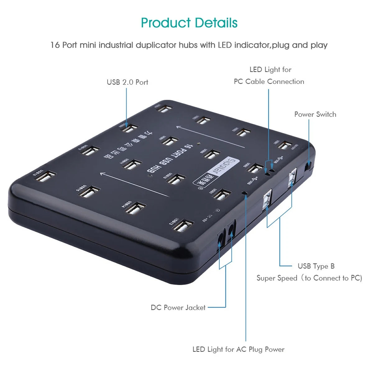 Sipolar 16 Ports USB2.0 Hub Bluk USB Duplicator for 16 TF SD Card Reader U-disk Data Test Batch Copy with 5V 3A Power Adapter