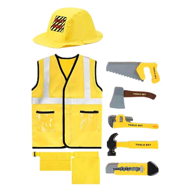 Toddler Construction Worker Vest Costume, Worker 5 Piece Playset, Yellow Reflective Vest with Tools, Party Dress Up