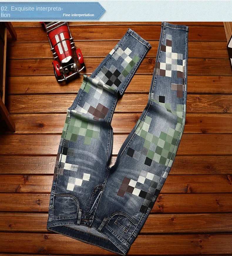 Trendy design mosaic printed jeans for men's fashionable summer thin casual and handsome elastic denim slim fit small leg pants