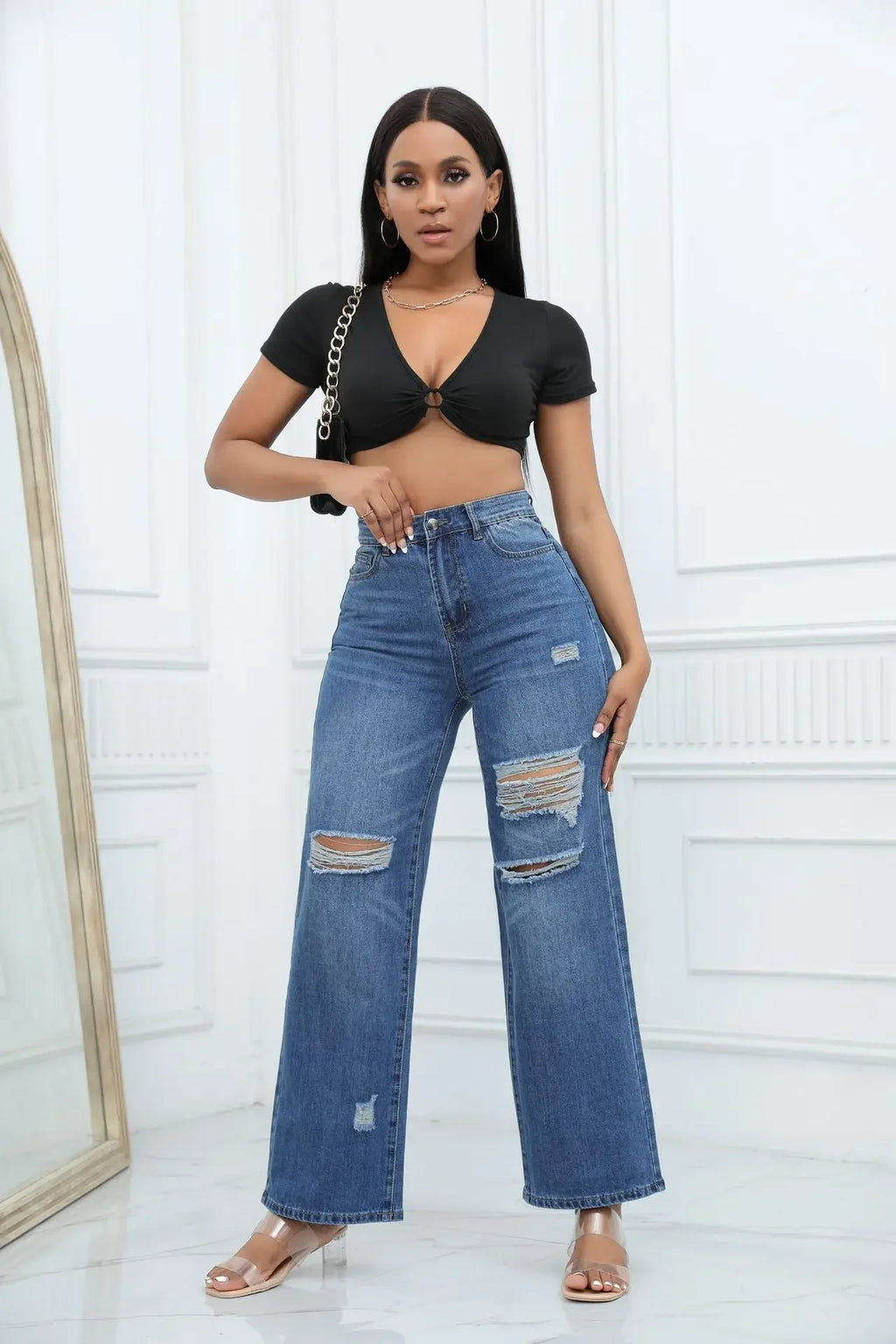 Women'S Ripped Boyfriend Jeans Draping Straight Leg Jeans Korea Ladies Stretch Hole Denim Trousers Button Pocket High Waist Pant