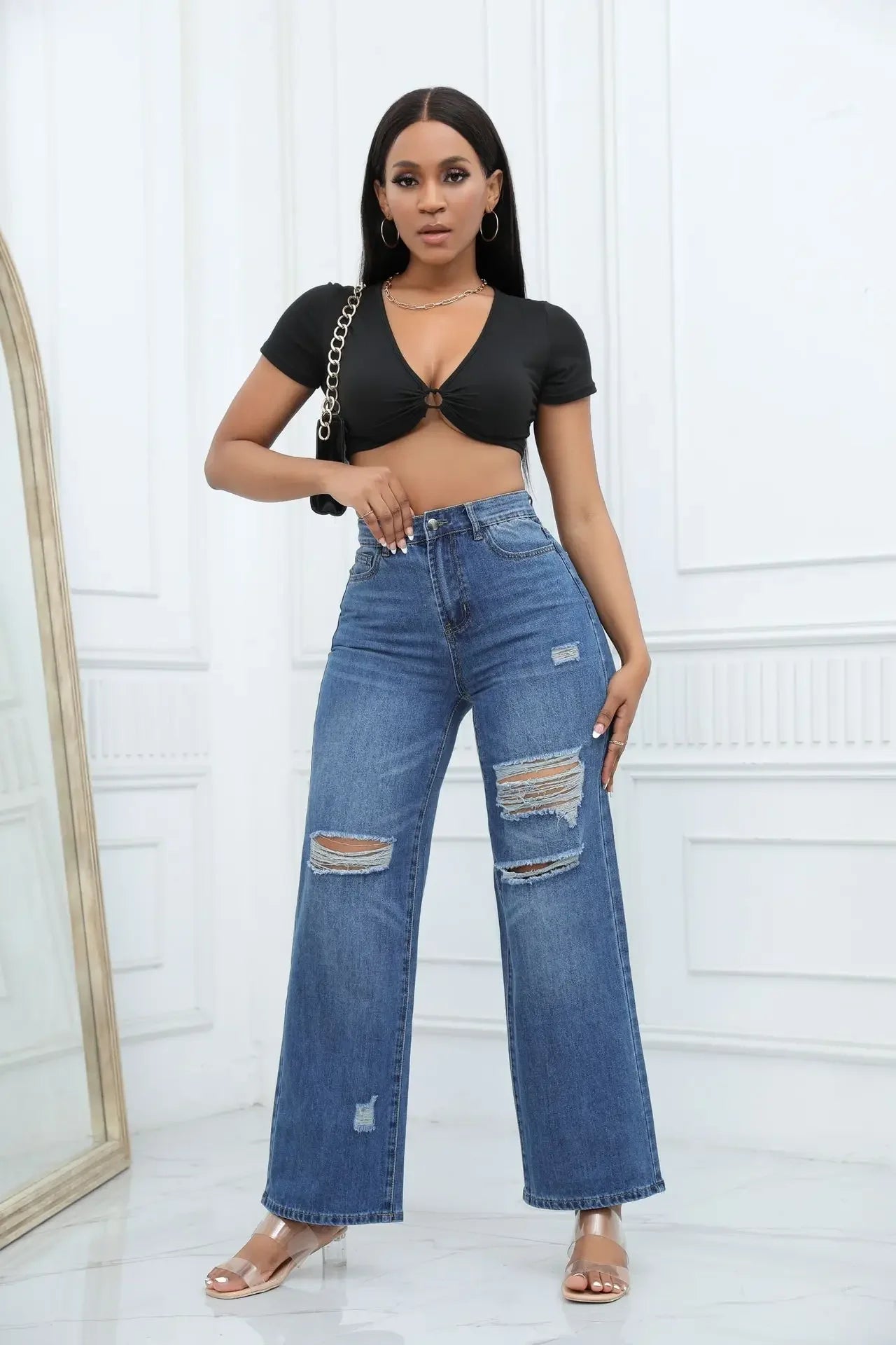 Women'S Ripped Boyfriend Jeans Draping Straight Leg Jeans Korea Ladies Stretch Hole Denim Trousers Button Pocket High Waist Pant