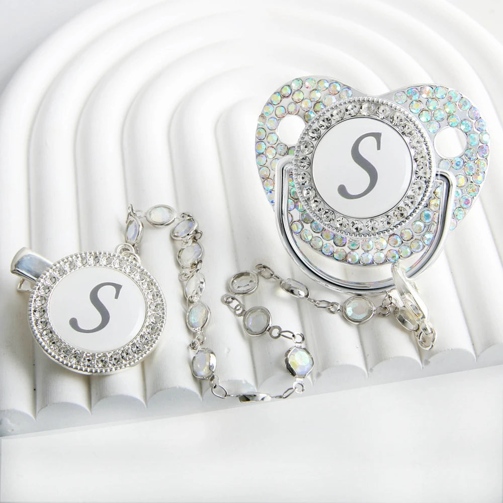 Initial Letter Siliver Baby Pacifier With Colorful Gem BPA Free Luxury Silver Dummy Soother Chupeta