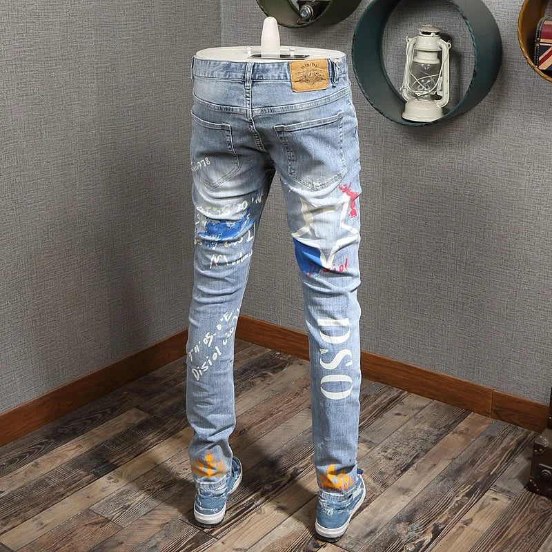 Designer Fashion New Men's Jeans Letter Printed Washed Nostalgic Stretch Slim Fit Retro Light Blue Jeans Hip Hop Brand High Qual