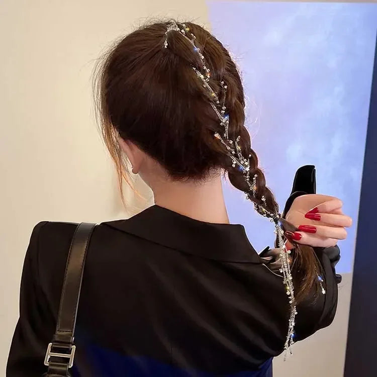 Women Wedding Dreadlocks Hair Braid Silver  Crystal Tassels Ponytail Hair Clips Ornaments Star Rhinestone