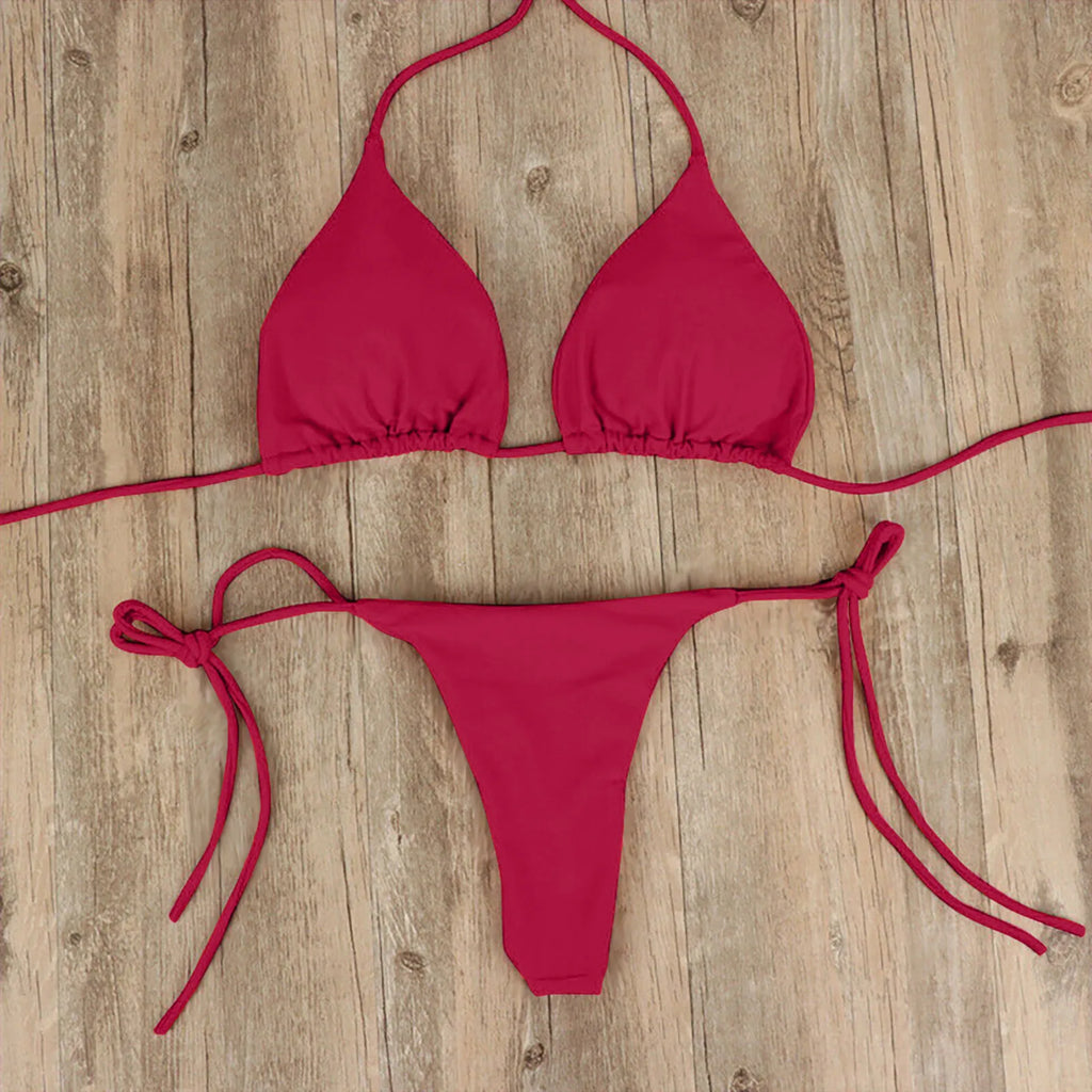 Sexy Women Bikini Lingerie Set Side Tie Swimsuit T--back Low Rise Thong Bandage Style Brazilian Swimwear Soft Solid Underwear
