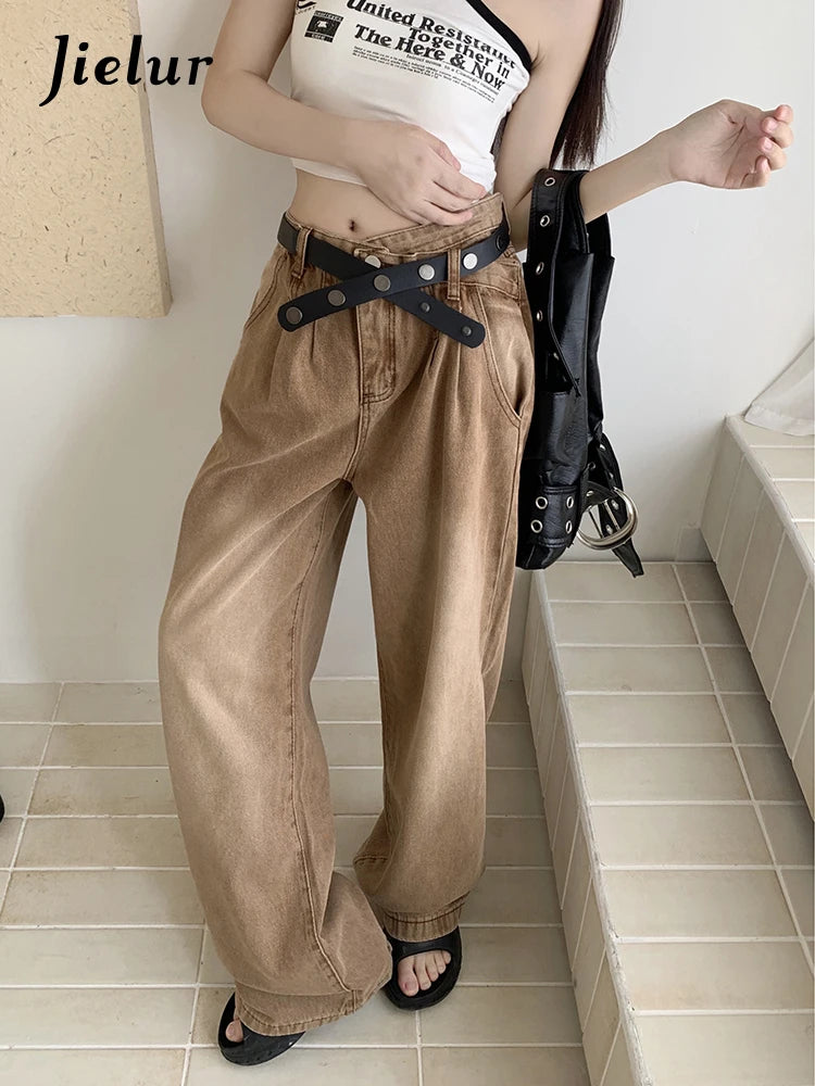 New Solid Color Slim Belt Women Jeans Simple Basic Dark Brown Straight Pants Chicly Fashion Street Casual Loose Woman Jeans