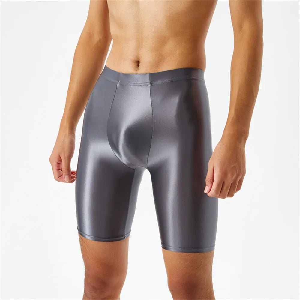 Men Oil Shiny Shorts gym Shapewear Ice Silk High Elastic Sexy Boxer Tight Shape U Pouch Sheath Man Shorts Smooth Candy Color