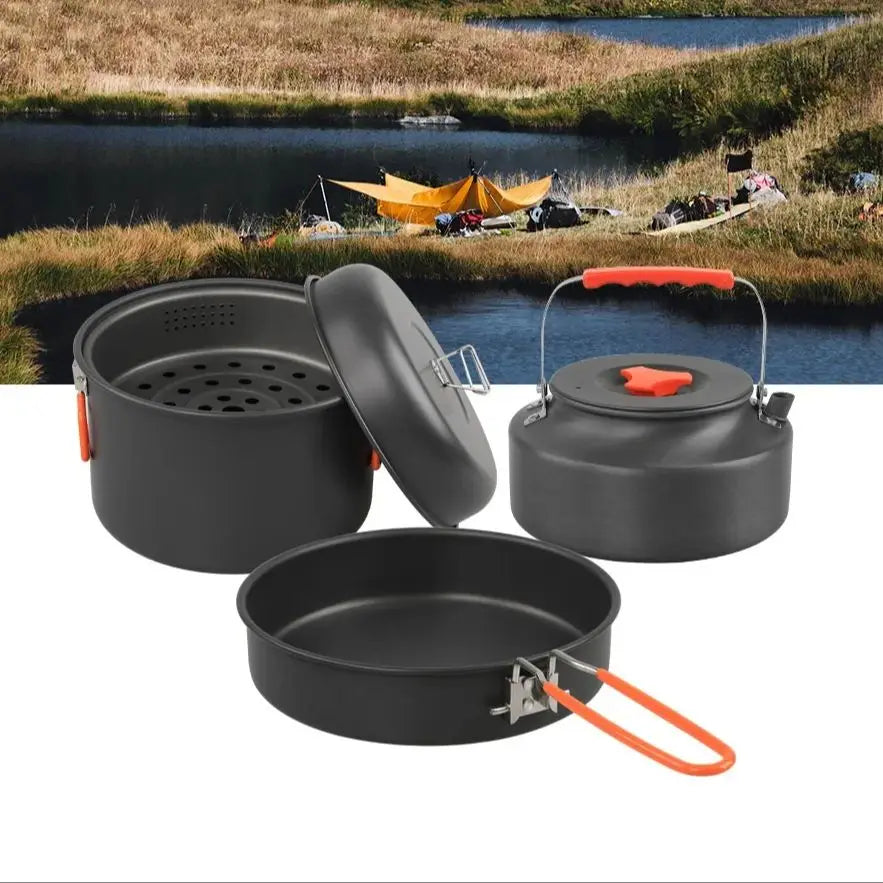 Outdoor Cookware Set Camping Cooking Pot Kettle Steamer Fry Pan Cooking Set