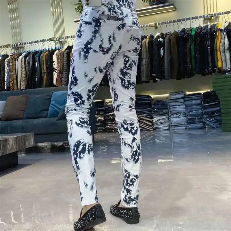 Trendy Men's Slim Fit Jeans Personalized Print Street Elastic Men's Pant Pantalon Homme Punk Denim Long Pants Hip Hop Jeans