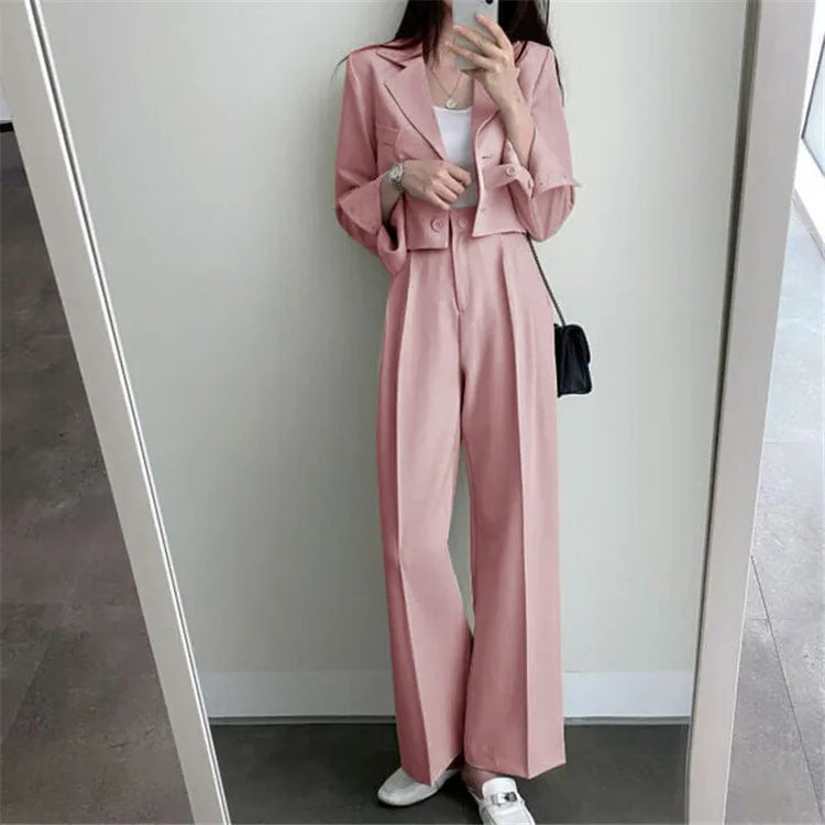 Suit Coat 2 Piece Set Women Blazer Jacket Straight Pants Ensemble Single Breasted Turn Down Collar Trousers Office Lady Outfits