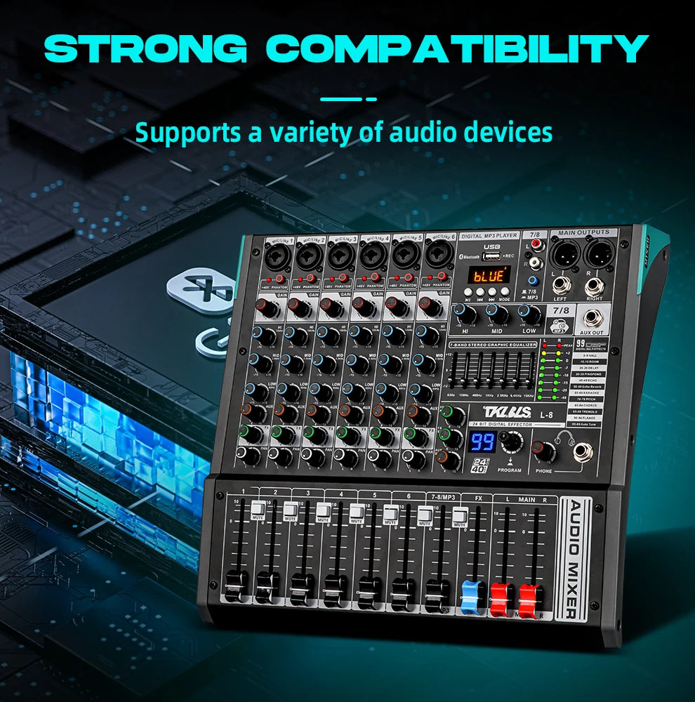 TKLBLS L8 Professional Audio Mixer Bluetooth 99 DSP Effects DJ 8 Channel Mixing Console USB 48V church