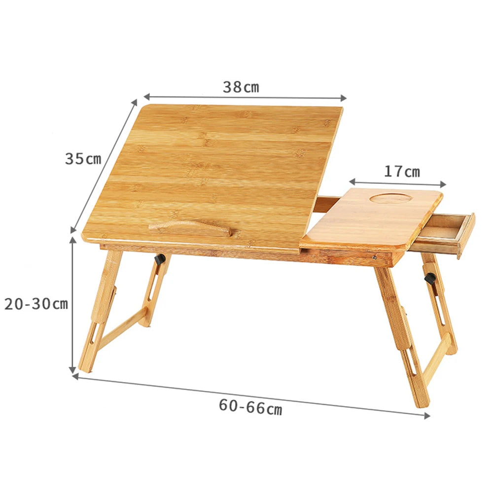 Laptop table, bamboo adjustable foldable laptop stand notebook table bedside folding table with drawer slots breakfast tray