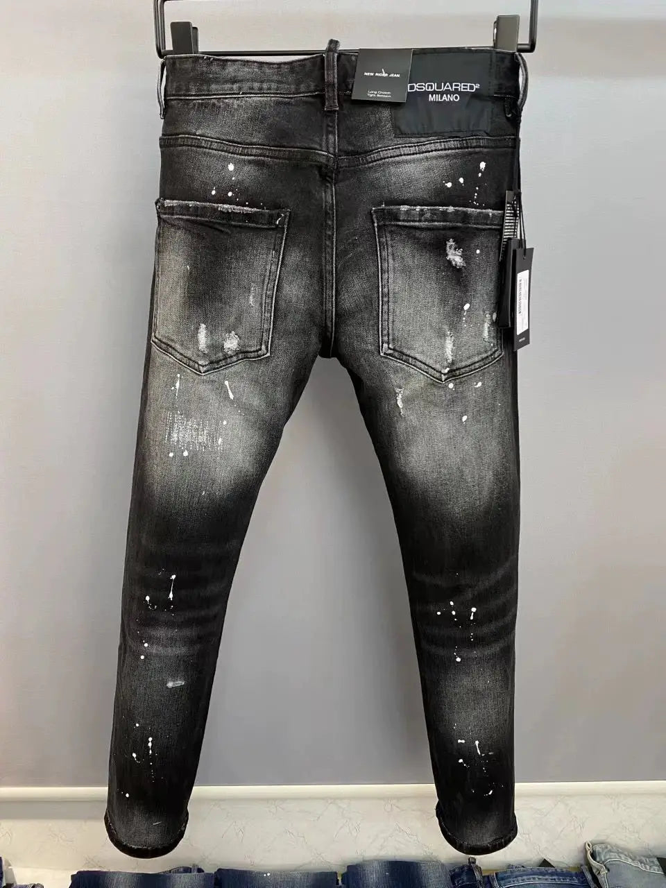 Light Luxury Washed Jeans Men's Trendy Brand Ruffian Handsome Black Ripped Patch Slim Fit Small Feet Casual Long Pants