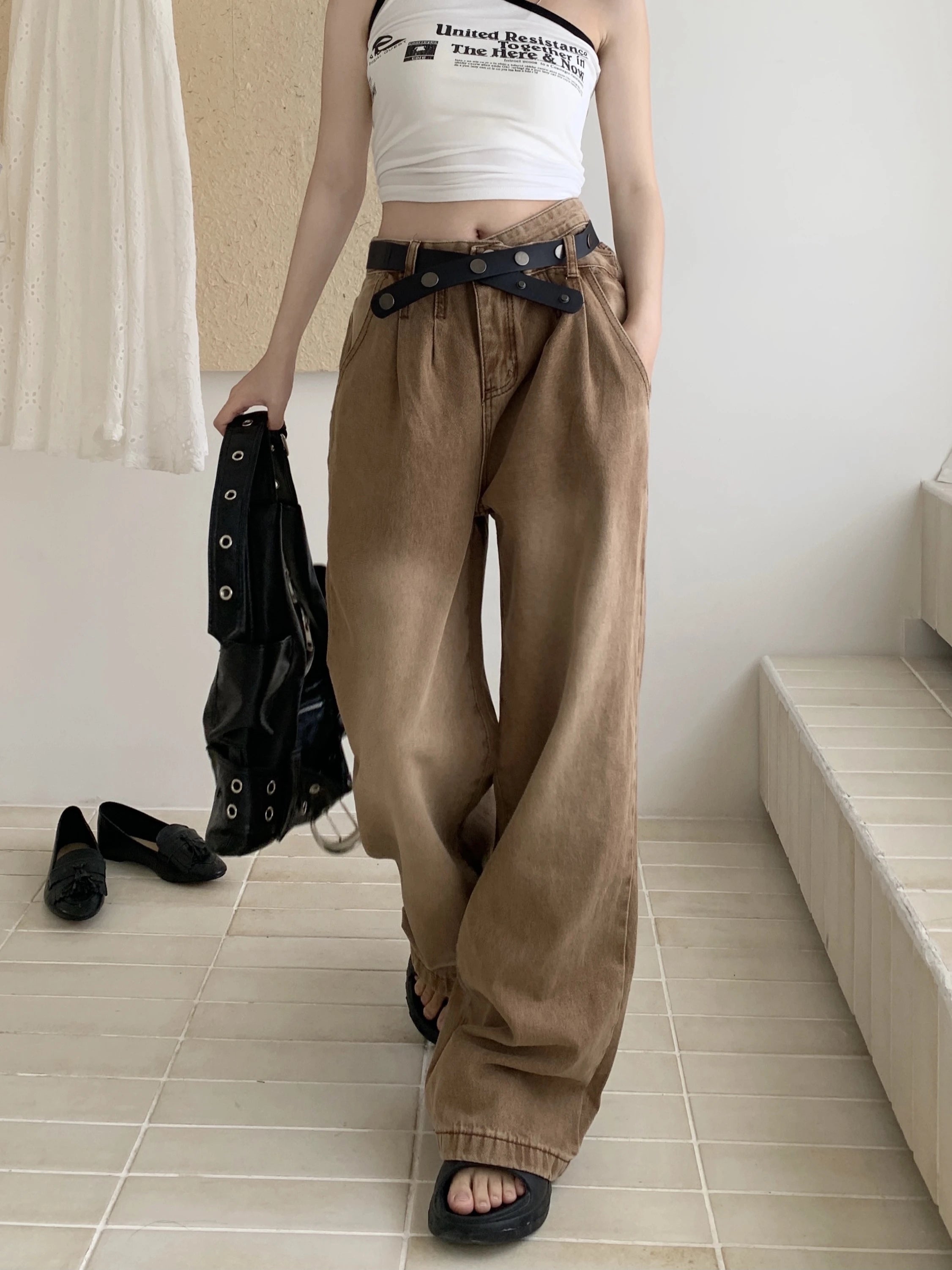 New Solid Color Slim Belt Women Jeans Simple Basic Dark Brown Straight Pants Chicly Fashion Street Casual Loose Woman Jeans