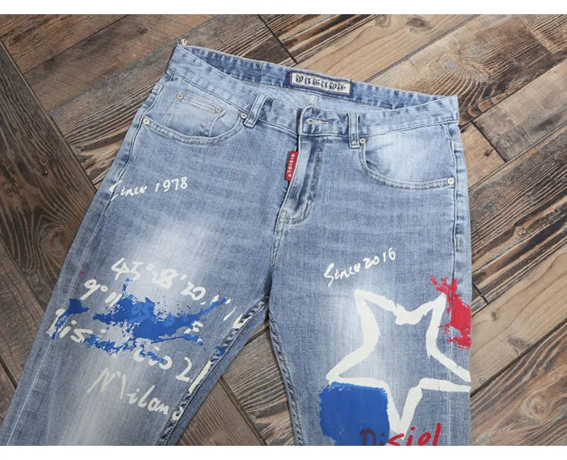 Designer Fashion New Men's Jeans Letter Printed Washed Nostalgic Stretch Slim Fit Retro Light Blue Jeans Hip Hop Brand High Qual