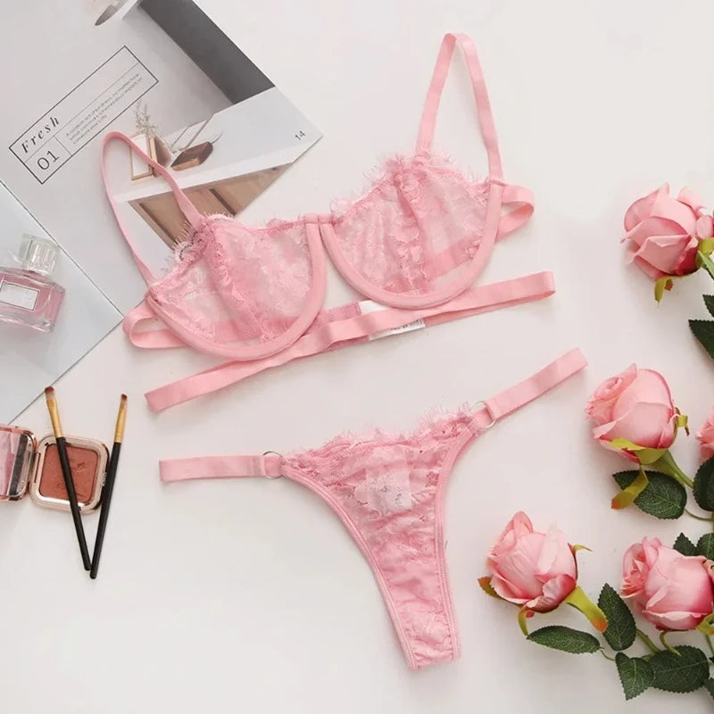 Women's Sheer Lace Bra & Brief Set — Fairy Embroidery Collection