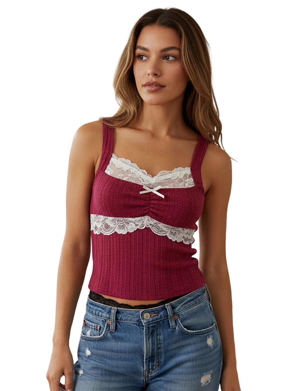 Y2k Coquette Lace Trim Crop Top Women 00s Vintage Aesthetic Grunge Slim Fit Vest Retro Cottage Tank Tops Clothes