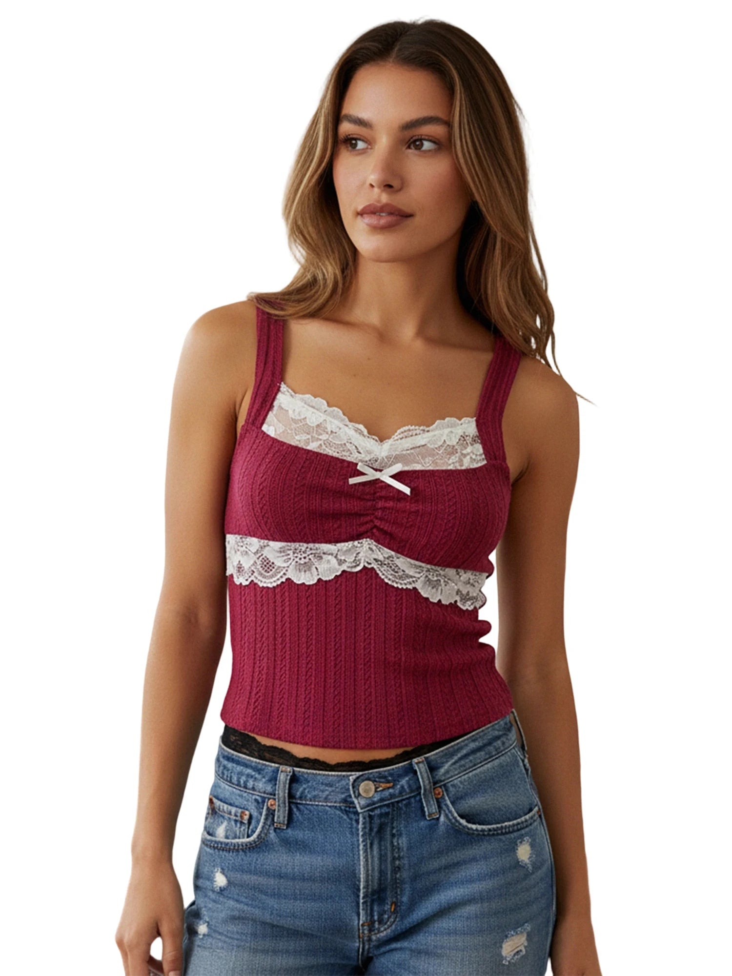 Y2k Coquette Lace Trim Crop Top Women 00s Vintage Aesthetic Grunge Slim Fit Vest Retro Cottage Tank Tops Clothes