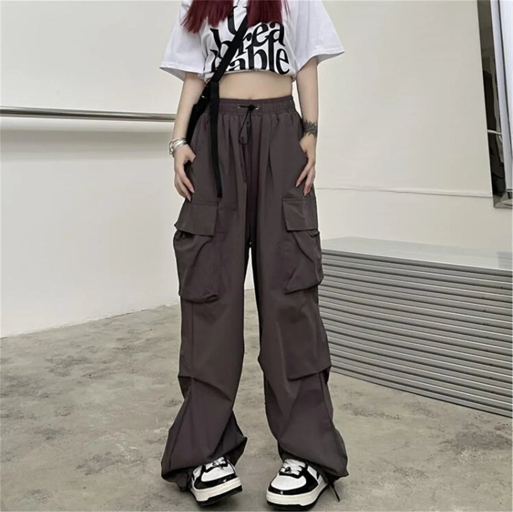 Red Big Pockets Cargo Pants Women High Waist Loose Streetwear Baggy Tactical Trouser Fashion Hip Hop Joggers Trousers Female