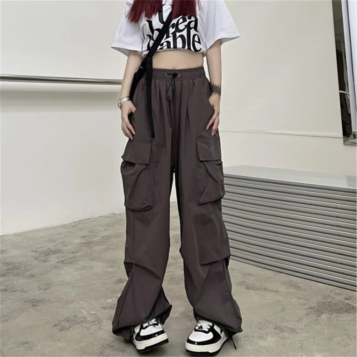 Red Big Pockets Cargo Pants Women High Waist Loose Streetwear Baggy Tactical Trouser Fashion Hip Hop Joggers Trousers Female
